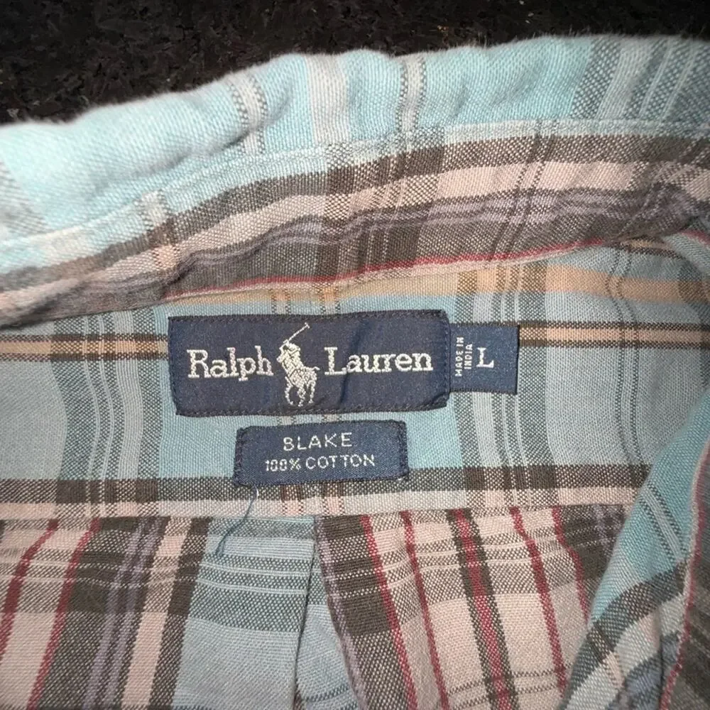 UEC Ralph Lauren BLAKE 100% COTTON BLUE GREY Plaid Shirt SZ LARGE